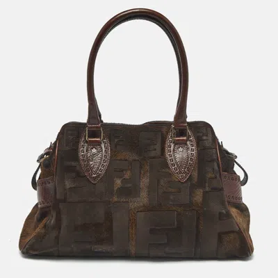 Pre-owned Fendi Dark Brown Ff Calf Hair And Leather Medium Du Jour Satchel