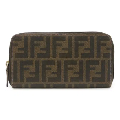 Pre-owned Fendi Dark Brown Khaki Brown Purple Fabric Leather Long Bill Wallet (bi-fold) ()
