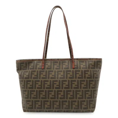 Pre-owned Fendi Dark Brown Khaki Brown Red Color Coated Canvas Leather Shoulder Bag Tote Bag () In Dark Brown, Khaki Brown, Red Color