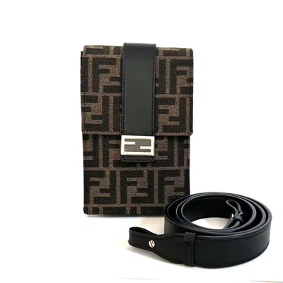 Pre-owned Fendi Dark Brown Khaki Canvas Leather Shoulder Bag () In Dark Brown, Khaki