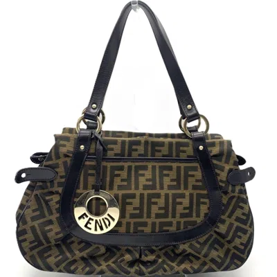 Pre-owned Fendi Dark Brown Khaki Canvas Leather Tote Bag ()