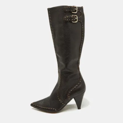 Pre-owned Fendi Dark Brown Leather Buckle Detail Knee Length Boots Size 37