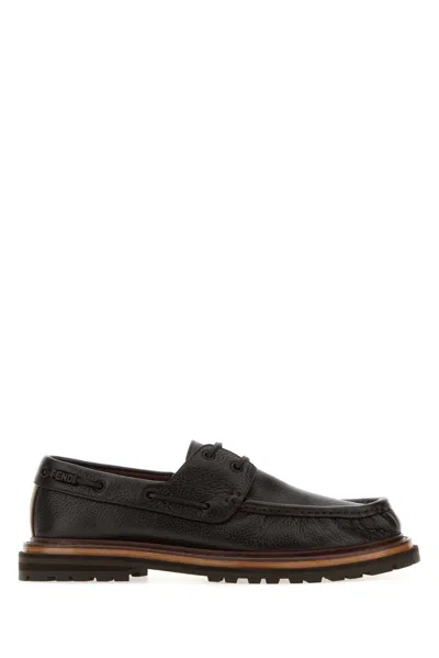 Fendi Dark Brown Leather Pequin Loafers In Black