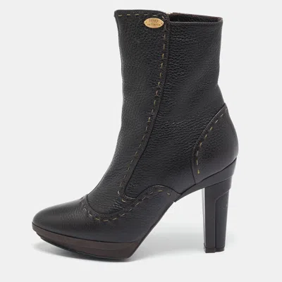 Pre-owned Fendi Dark Brown Selleria Leather Zip Ankle Length Boots Size 35