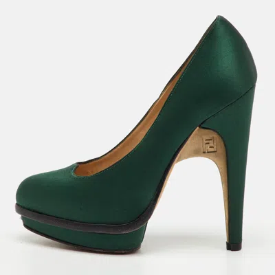 Pre-owned Fendi Dark Green Satin Bridge Heel Platform Pumps Size 35