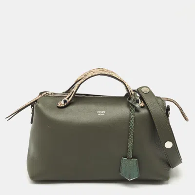 Pre-owned Fendi Dark Green/beige Leather And Snakeskin Trim Medium By The Way Bag