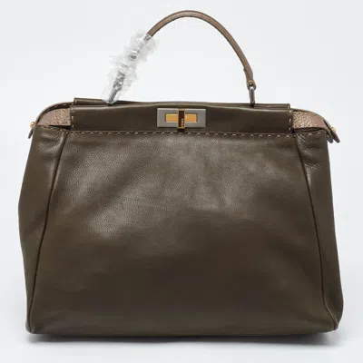Pre-owned Fendi Dark Green/bronze Selleria Leather Large Peekaboo Top Handle Bag