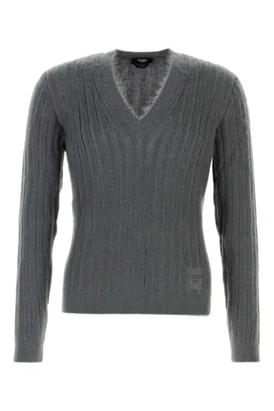 Fendi Men Dark Grey Stretch Mohair Blend Sweater In Gray