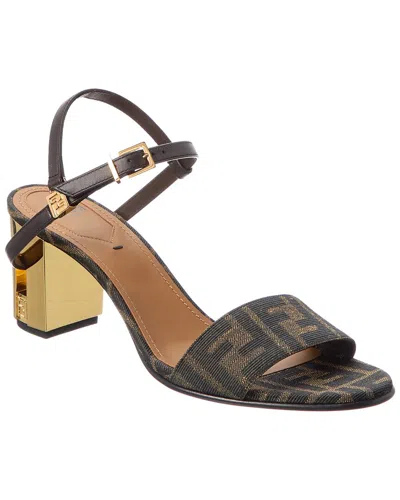 Fendi Ff Jacquard Gold-finish Medium-heeled Delfina Sandals In Black