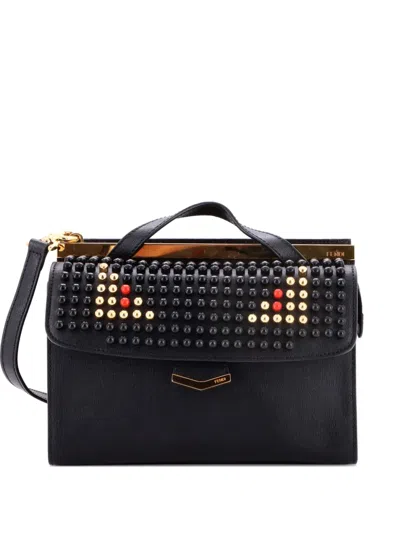 Pre-owned Fendi Demi Jour Monster Studded Leather Satchel In Black