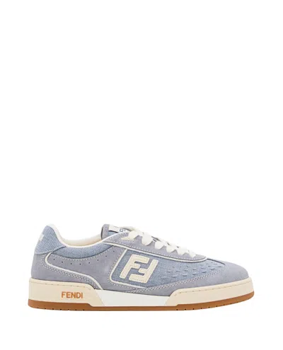 FENDI FENDI DENIM AND LEATHER TRAINERS WITH EMBOSSED LOGO