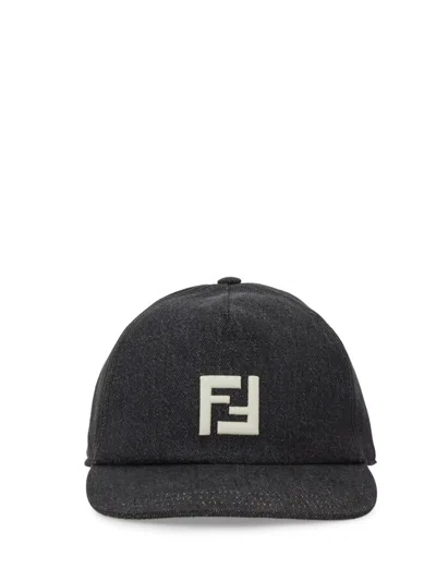 Fendi Men Denim Baseball Hat With Logo Embroidery In Metallic