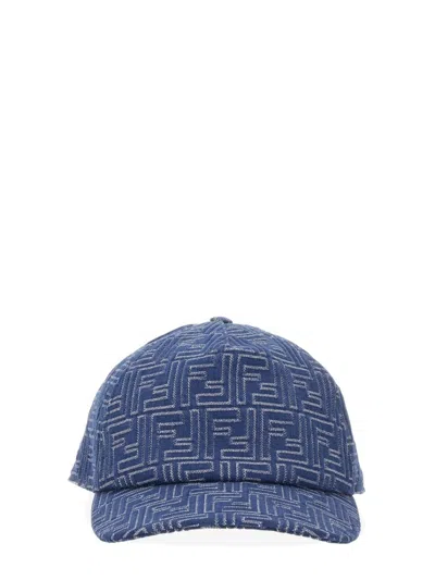 Fendi Denim Baseball Hat With Geometric Pattern In Blue