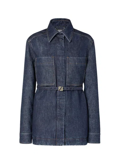 Fendi Go-to Denim Shirt Jacket With Quilted Ff Motif Clothing In Blue