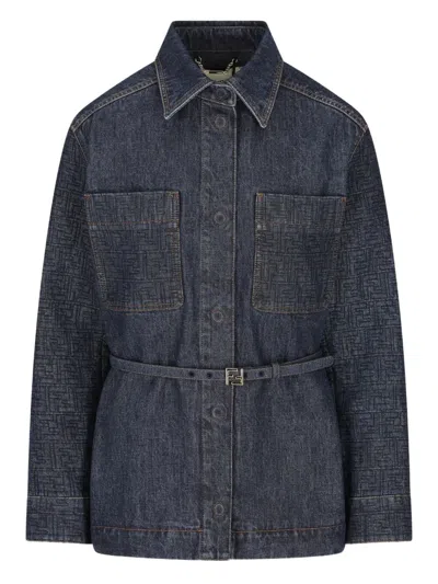 Fendi Denim Belted Jacket In Blue