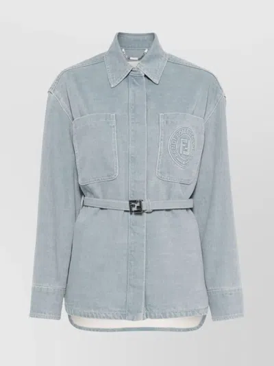 Fendi Denim Cotton Jeans Jacket With Detachable Belt In Grey