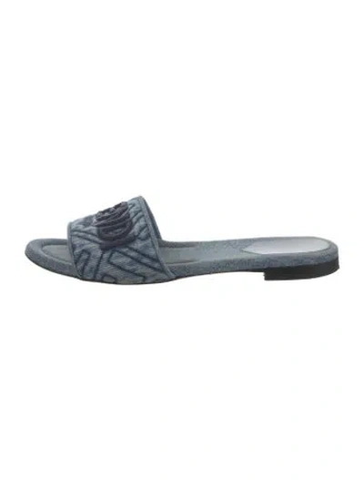 Pre-owned Fendi Denim Embroidered Accent Slides In Blue