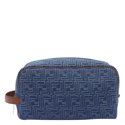 Fendi Medium Toiletry Case In Denim-effect Ff Jacquard In Blue