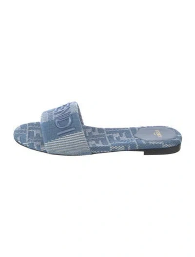 Pre-owned Fendi Denim Graphic Print Slides In Blue