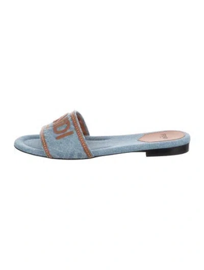 Pre-owned Fendi Denim Graphic Print Slides In Blue