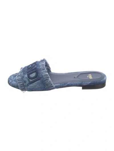 Pre-owned Fendi Denim Graphic Print Slides In Blue