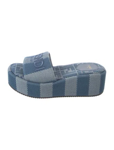 Pre-owned Fendi Denim Graphic Print Slides In Blue