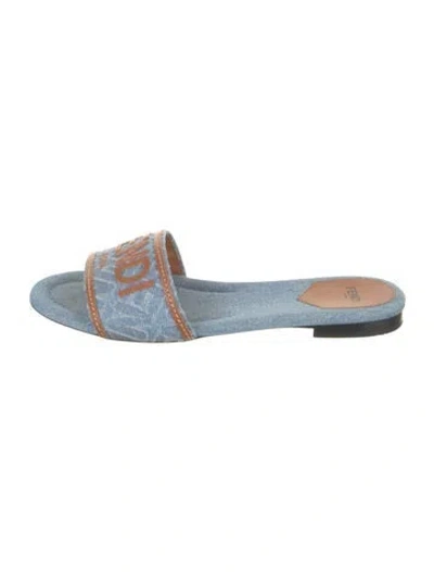 Pre-owned Fendi Denim Graphic Print Slides In Blue/brown