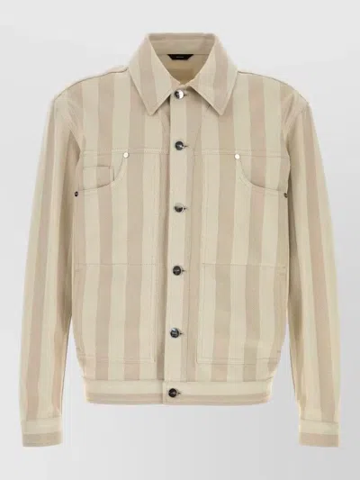 Fendi Denim Jacket Striped Pattern Chest Pockets In Neutral