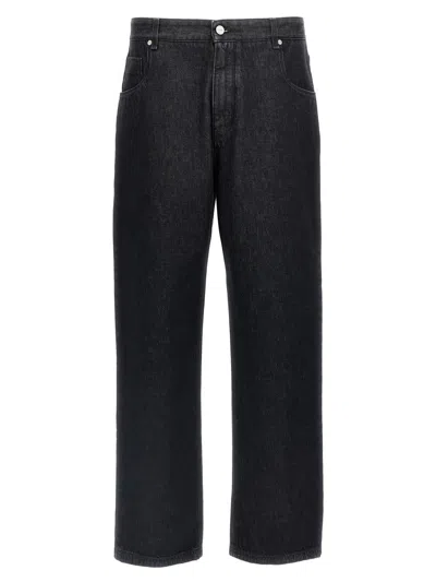 Fendi Slim-fit 5-pocket Jeans With Yellow Topstitching In Blue