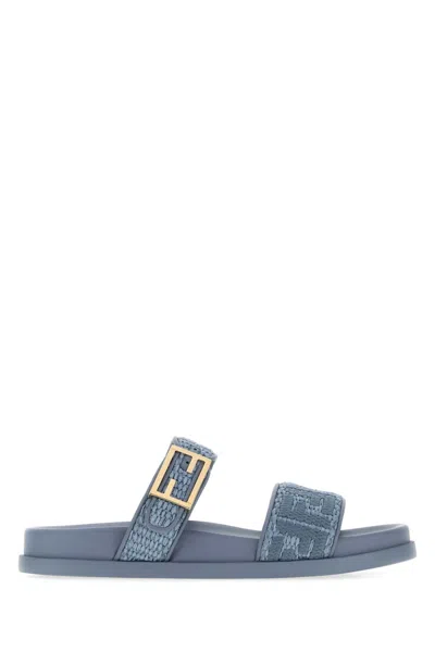 Fendi Denim Raffia Two-strap Sandal In Blue