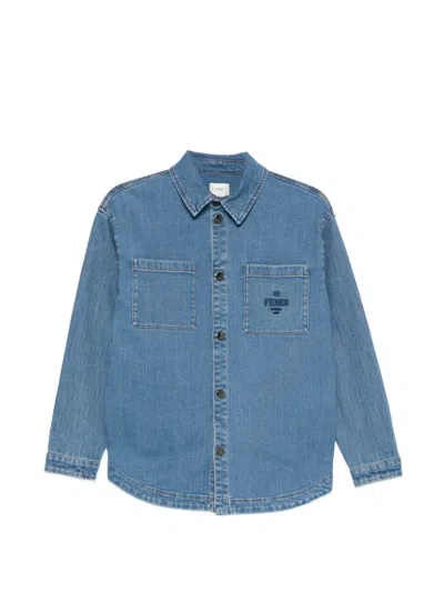 Fendi Kids' Denim Shirt With Logo In Blue