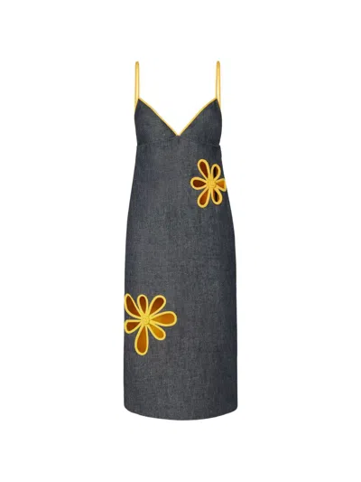 Fendi Blue And Yellow Double Denim Dress In Gray