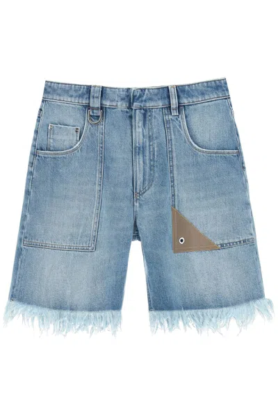Fendi Denim Shorts With Fringed Hem In Blue