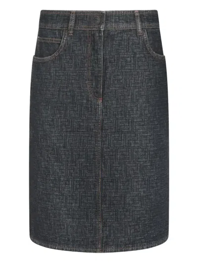 Fendi Flared Midi Denim Skirt With All-over Quilted Ff Motif In Blue