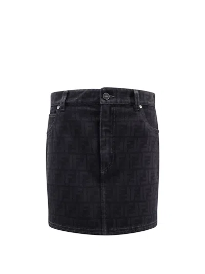 Fendi Denim Skirt With All-over Ff Motif In Black