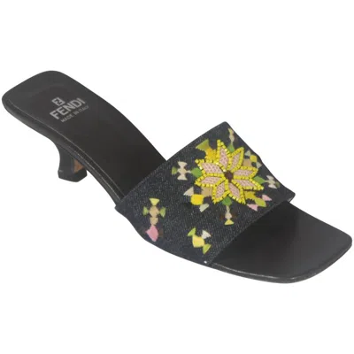Pre-owned Fendi Denim Slides With Multi-colored Embroidered And Beaded Design - 7m In Black