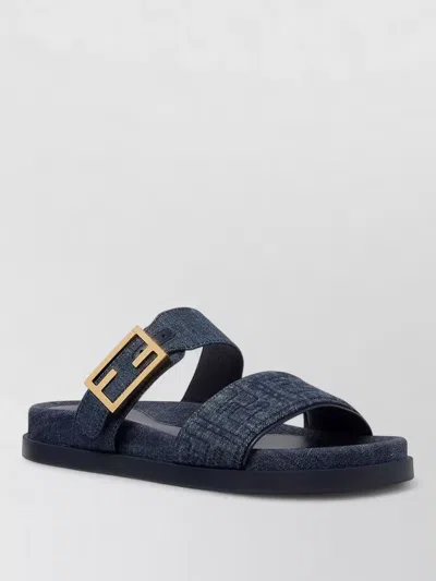 Fendi Denim Texture Flat Sole Open Toe Sandals In Blue