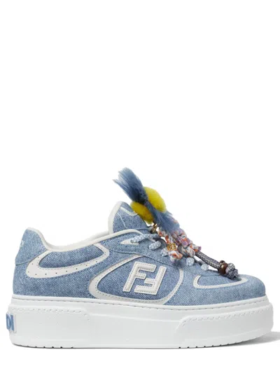 Fendi Denim-effect Printed Suede Platform Sneakers With Charms - 50 Mm Heel Height In Blue