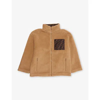 Fendi Kids' Desert Sand Monogram-patch Teddy Fleece Jacket 10-12 Years+ In Brown