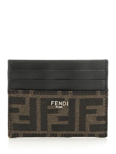 Fendi Men Leather Card Holder With Ff Jacquard Fabric Inserts In Brown