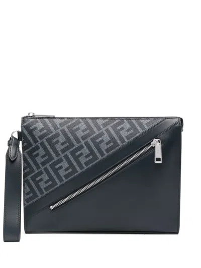 Fendi Diagonal Leather Clutch Bag In Blue