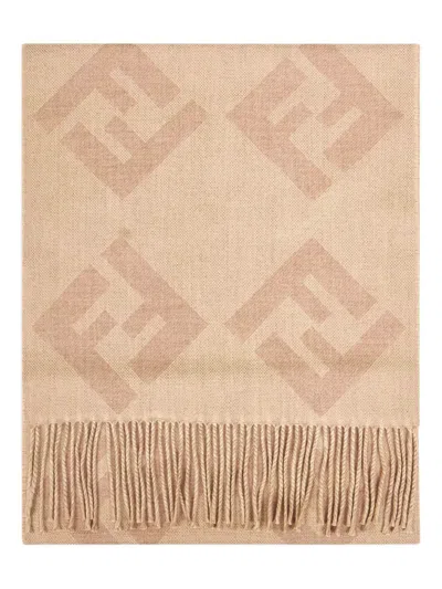 Fendi Diagonal Macro Ff Fringed Scarf In Brown