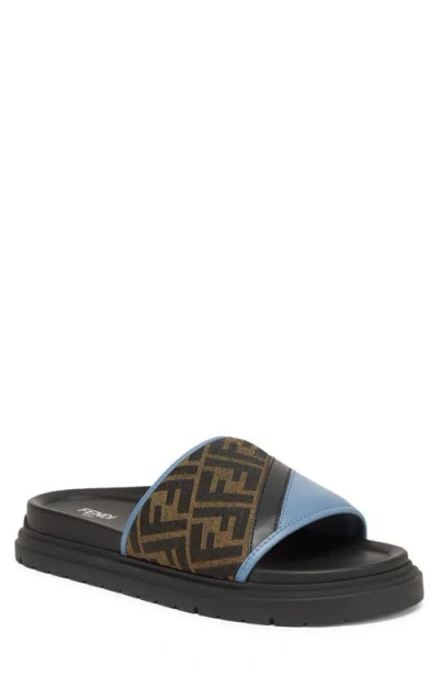 Fendi Brown Ff Jacquard And Light Blue Leather Slides In Black