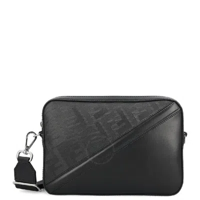Fendi Diagonal Stripe Ff Motif Camera Crossbody Bag In Black