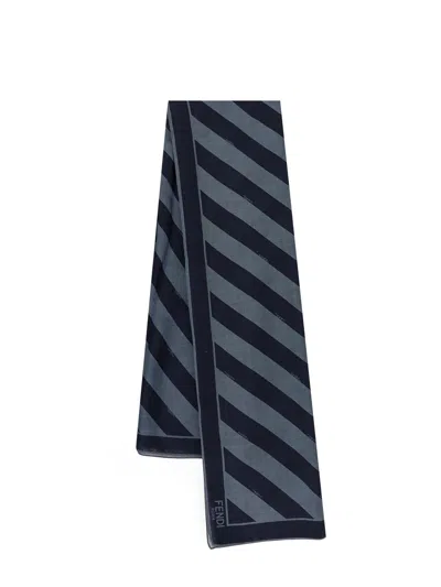 Fendi Diagonal Striped Silk And Wool Maxi Shawl In Blue