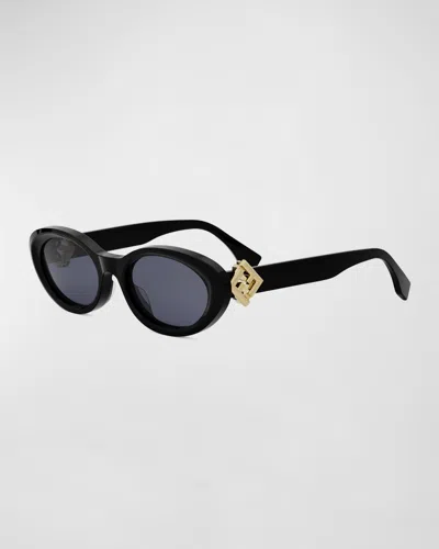FENDI DIAMOND BLACK ACETATE OVAL SUNGLASSES