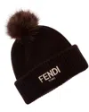 Fendi Brown Pompon Embroidered Logo Beanie Hat In Black
