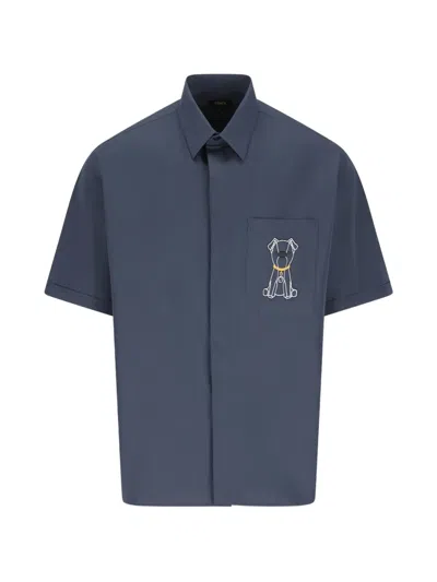 Fendi Logo Embroidered Short Sleeved Shirt In Blue