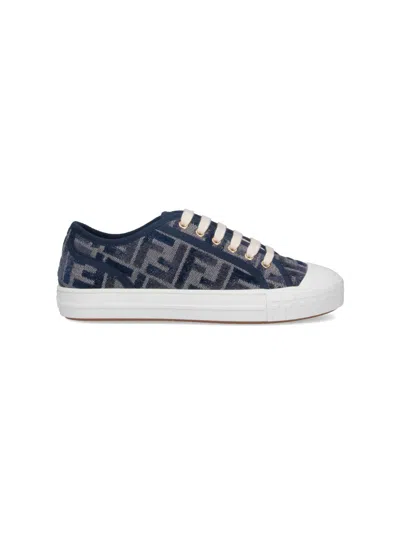 Fendi Low Top Denim Sneakers With Chenille Pattern In Grigio Blu