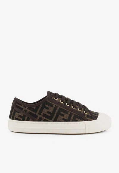 Fendi Low-top Sneakers With Monogram Pattern And Gold-tone Accents In Black